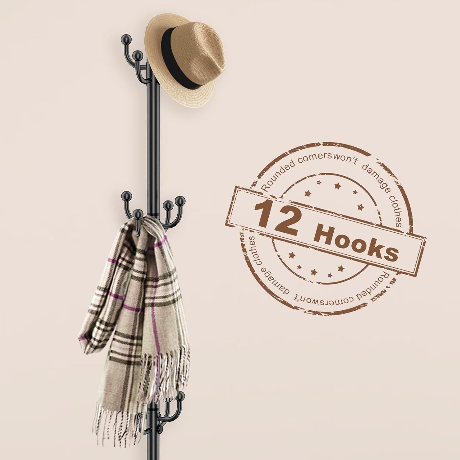 Black Metal Coat Rack Stand | 12 Hook Freestanding Hall Tree with Umbrella Base