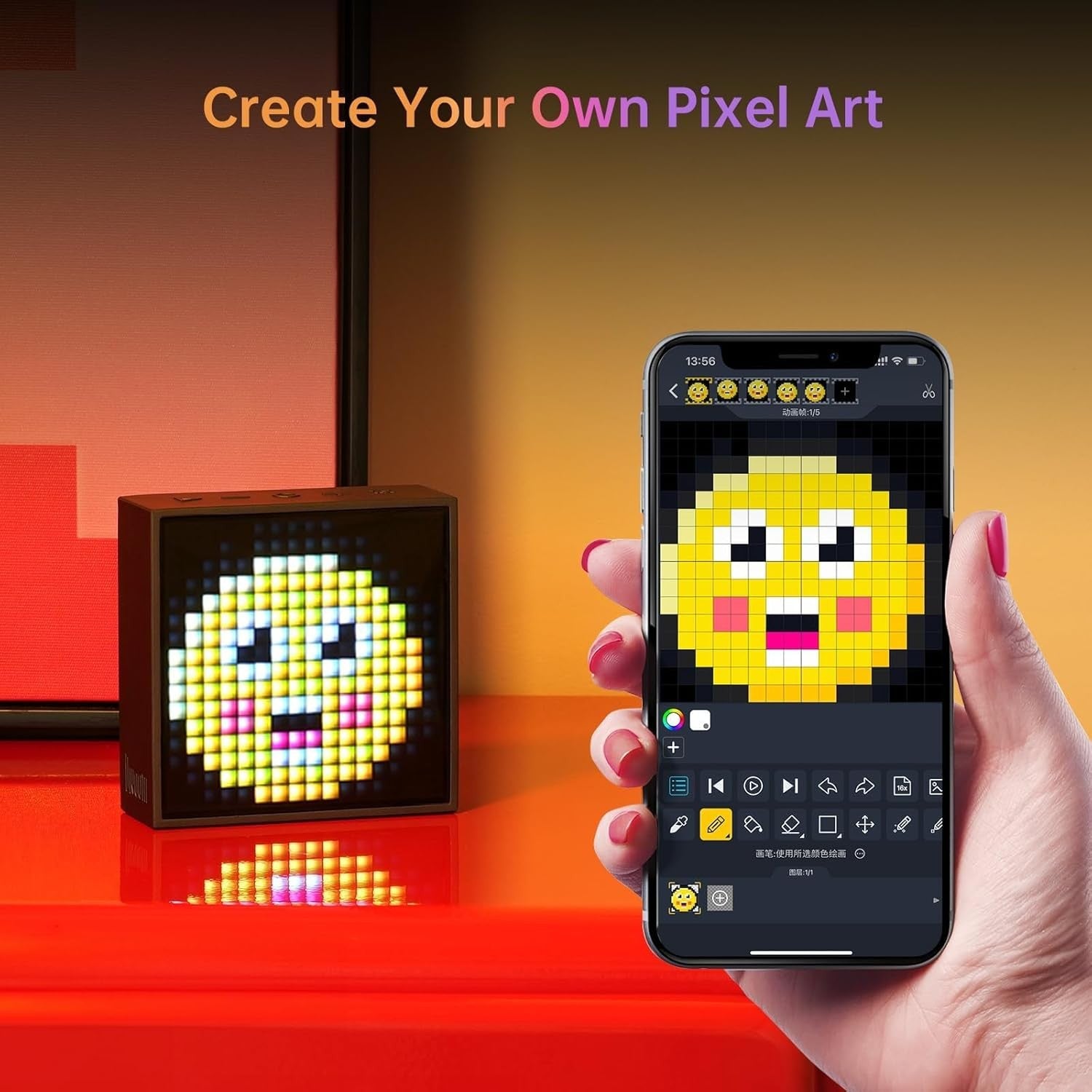 Pixel Art Bluetooth Speaker Alarm Clock LED Display App Control Desk Decor