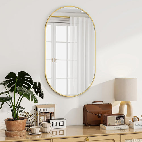 Oval Bathroom Wall Mirror 56x96 cm Tempered Glass Gold Frame, Distortion-Free