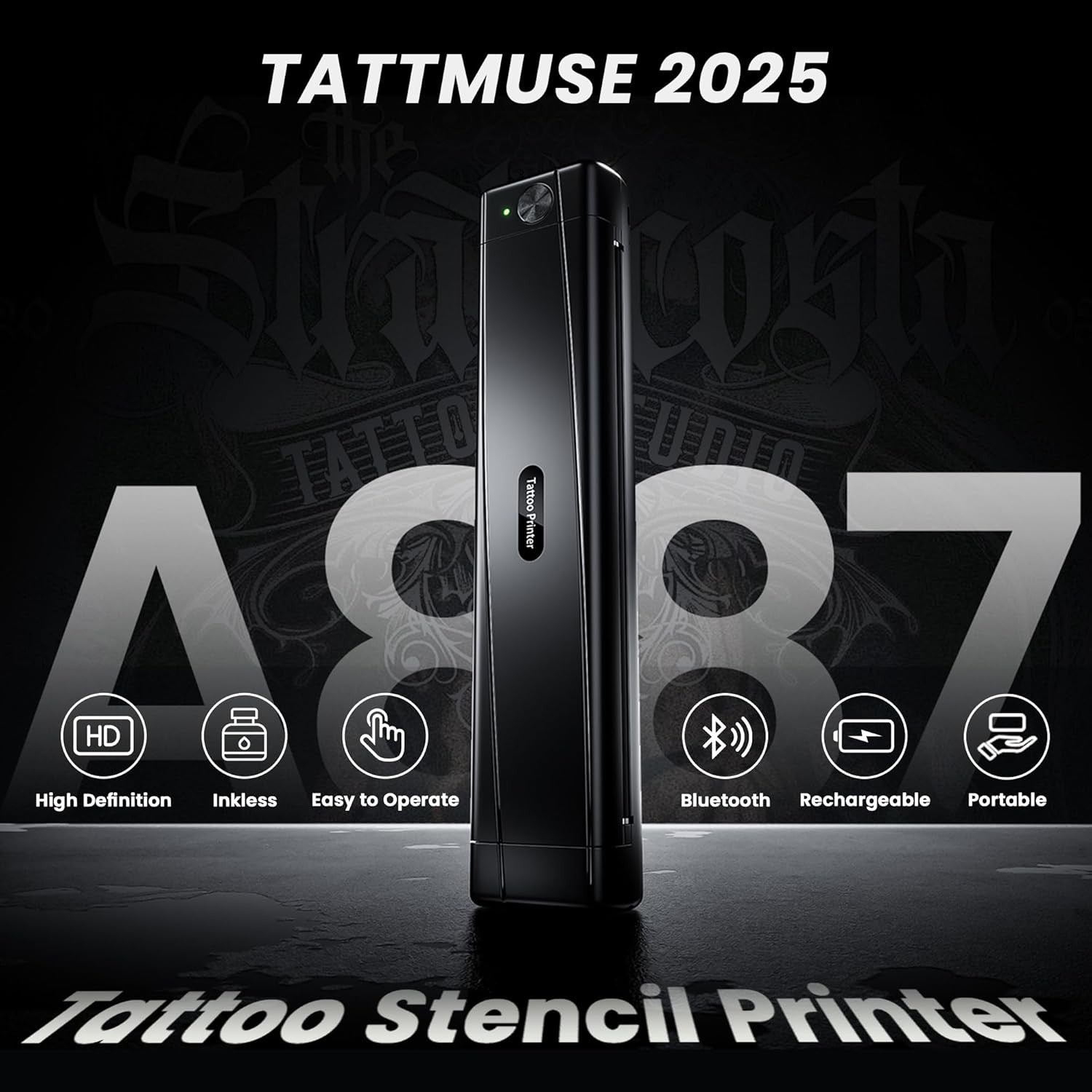 Portable Black A887 Tattoo Stencil Printer Wireless Thermal Transfer