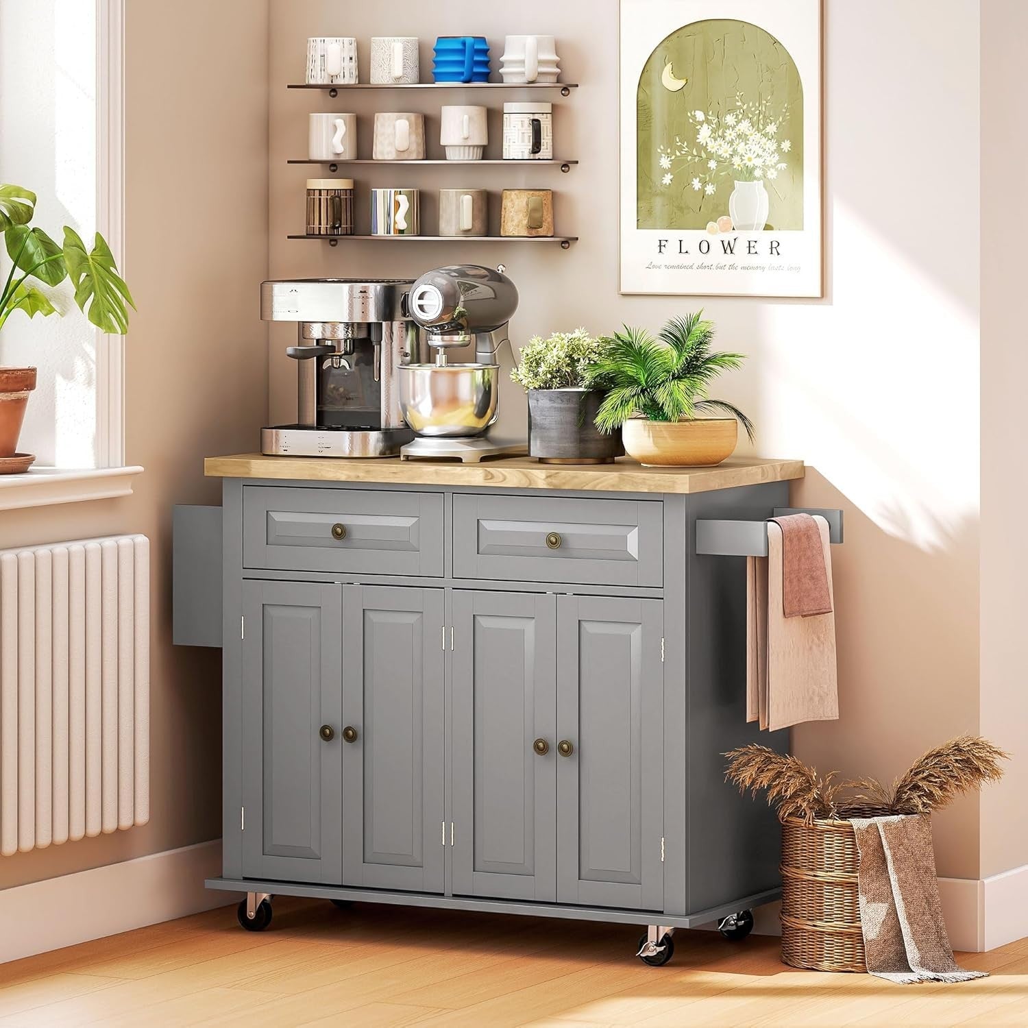 Rolling Kitchen Island Trolley with Drawers,Shelves & Rubber Wood Top 111x44.5cm