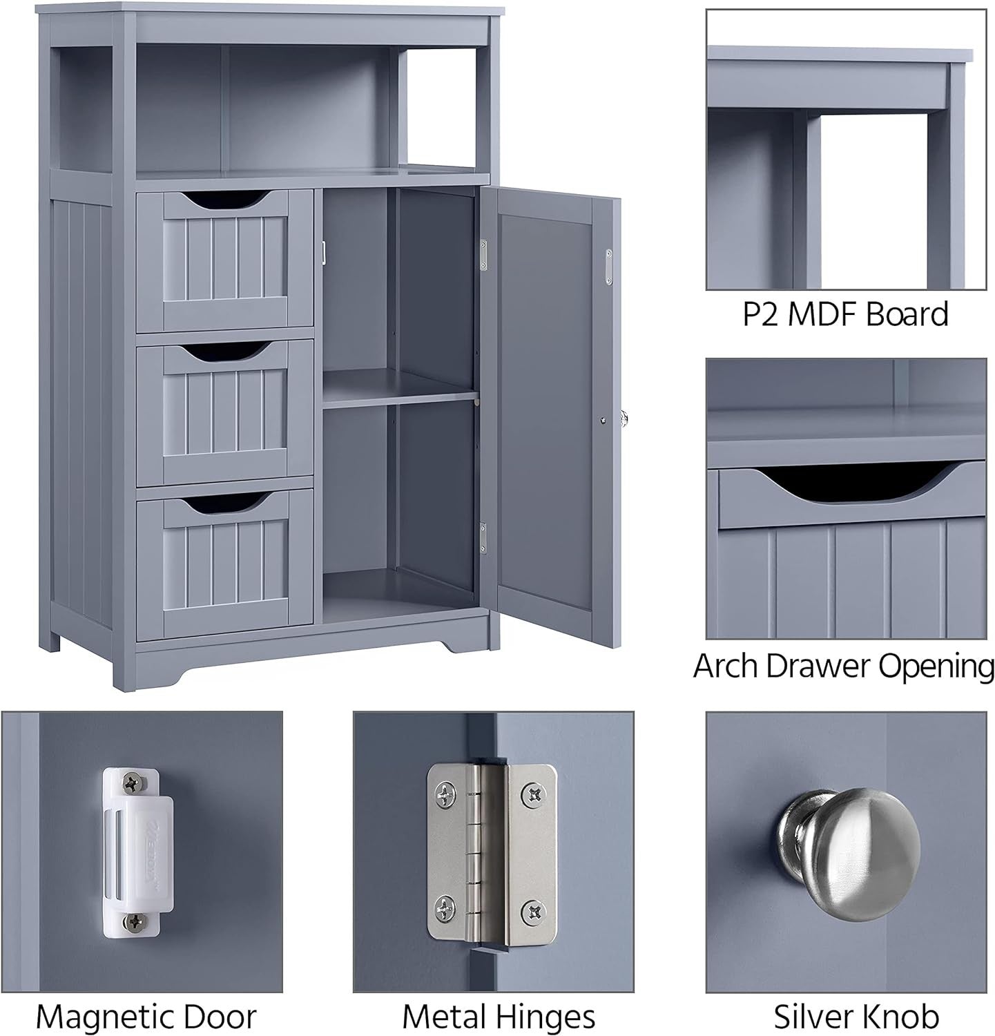 Grey Bathroom Storage Cabinet with 3 Drawers & Door Freestanding Unit