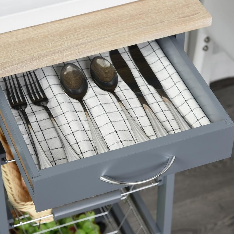 Grey Kitchen Cart with 4 Metal Baskets Drawer & Side Racks on Wheels
