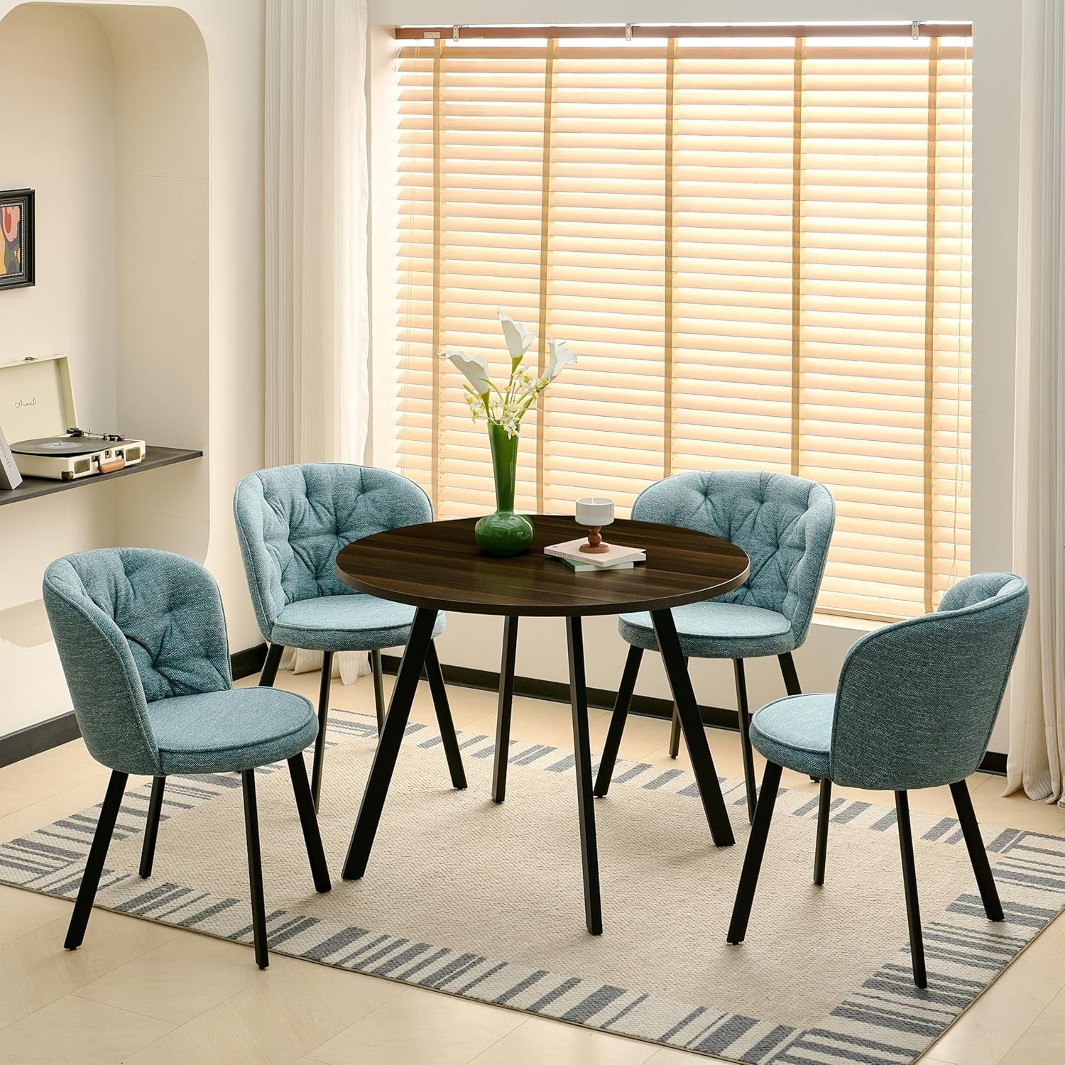 4 Navy Blue Linen Dining Chairs & Round Walnut Table Set for Kitchen Room