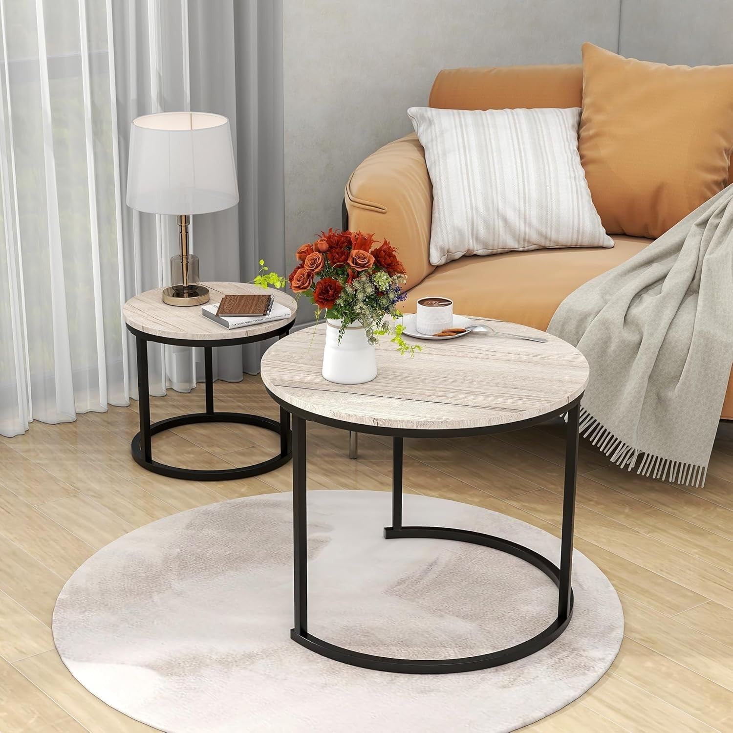 Nesting Coffee Table Set of 2 Round Side End Table Living Room Easy Assemble