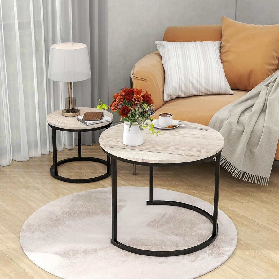 Nesting Coffee Table Set of 2 Round Side End Table Living Room Easy Assemble