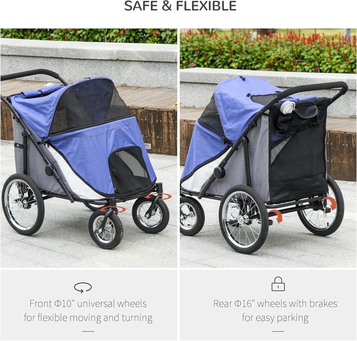Blue Large Dog Stroller Jogger Foldable Pushchair with Cushion All Terrain