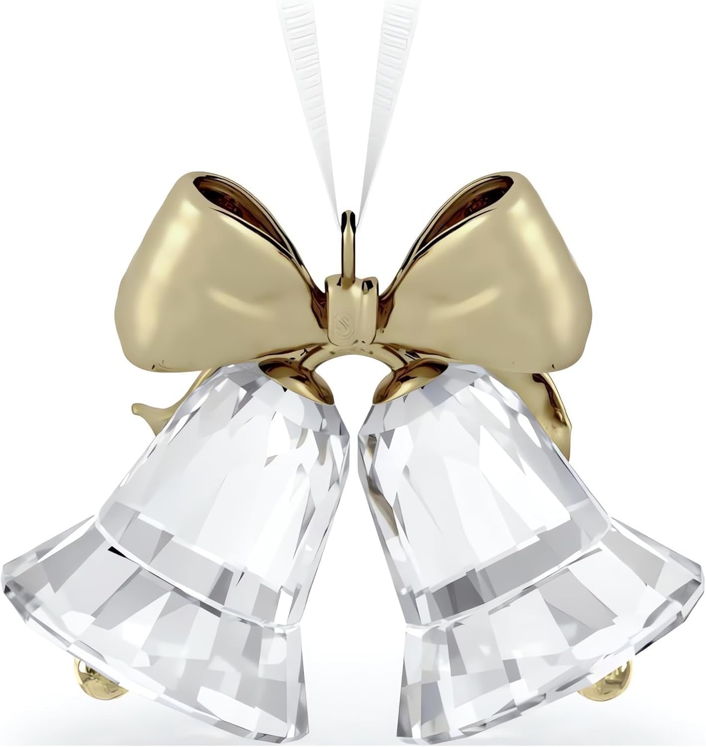 Luxury Crystal Bells Ornament Gold-Tone Ribbon Sparkling Festive Hanging Decor