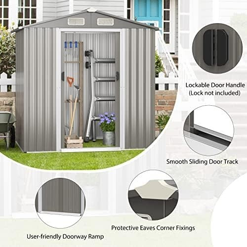 6x4FT Metal Garden Storage Shed with Vents, Sliding Door & Ramp, Weatherproof