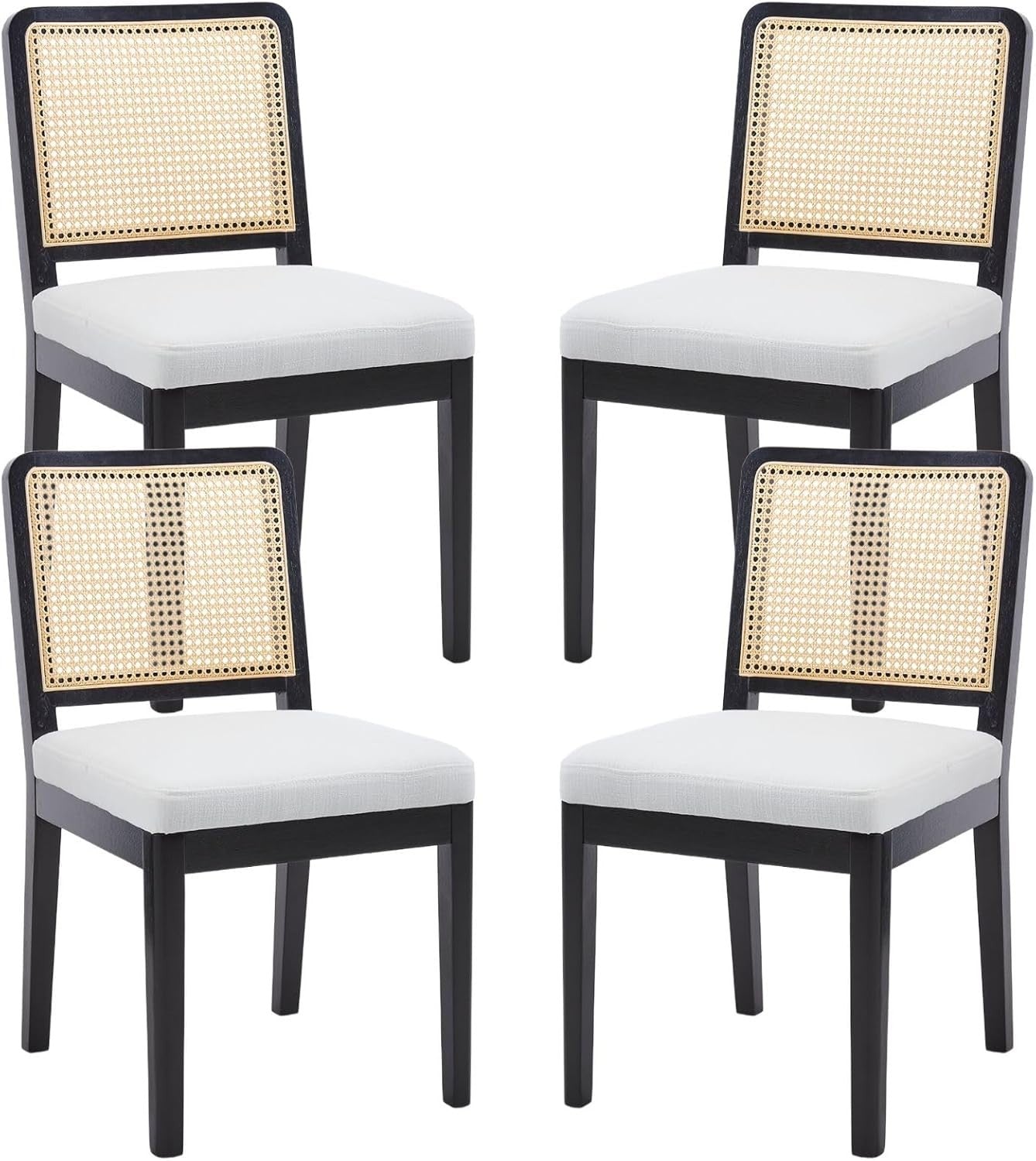 Black Rattan Dining Chairs Set of 4 Upholstered Mid Century Solid Wood Seats