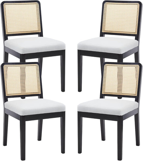Black Rattan Dining Chairs Set of 4 Upholstered Mid Century Solid Wood Seats