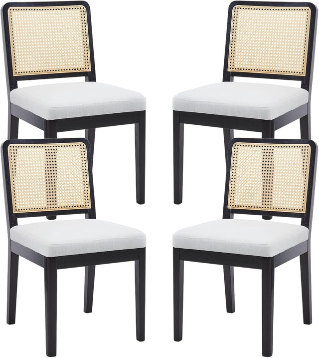Black Rattan Dining Chairs Set of 4 Upholstered Mid Century Solid Wood Seats