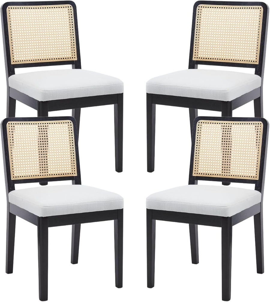Black Rattan Dining Chairs Set of 4 Upholstered Mid Century Solid Wood Seats