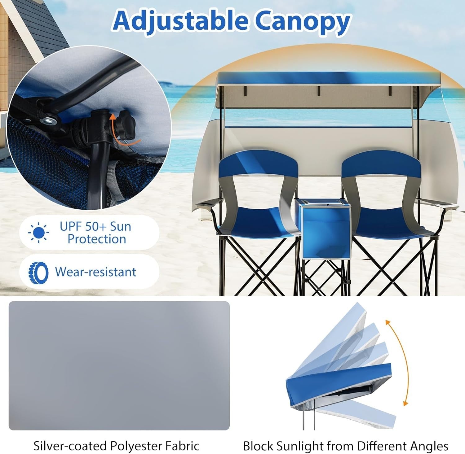 2 Seater Folding Camping Chair with Canopy, Cup Holders & Storage – Navy