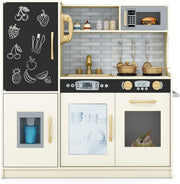 Wooden Kids Play Kitchen Beige w/ Chalkboard Ice Maker Microwave