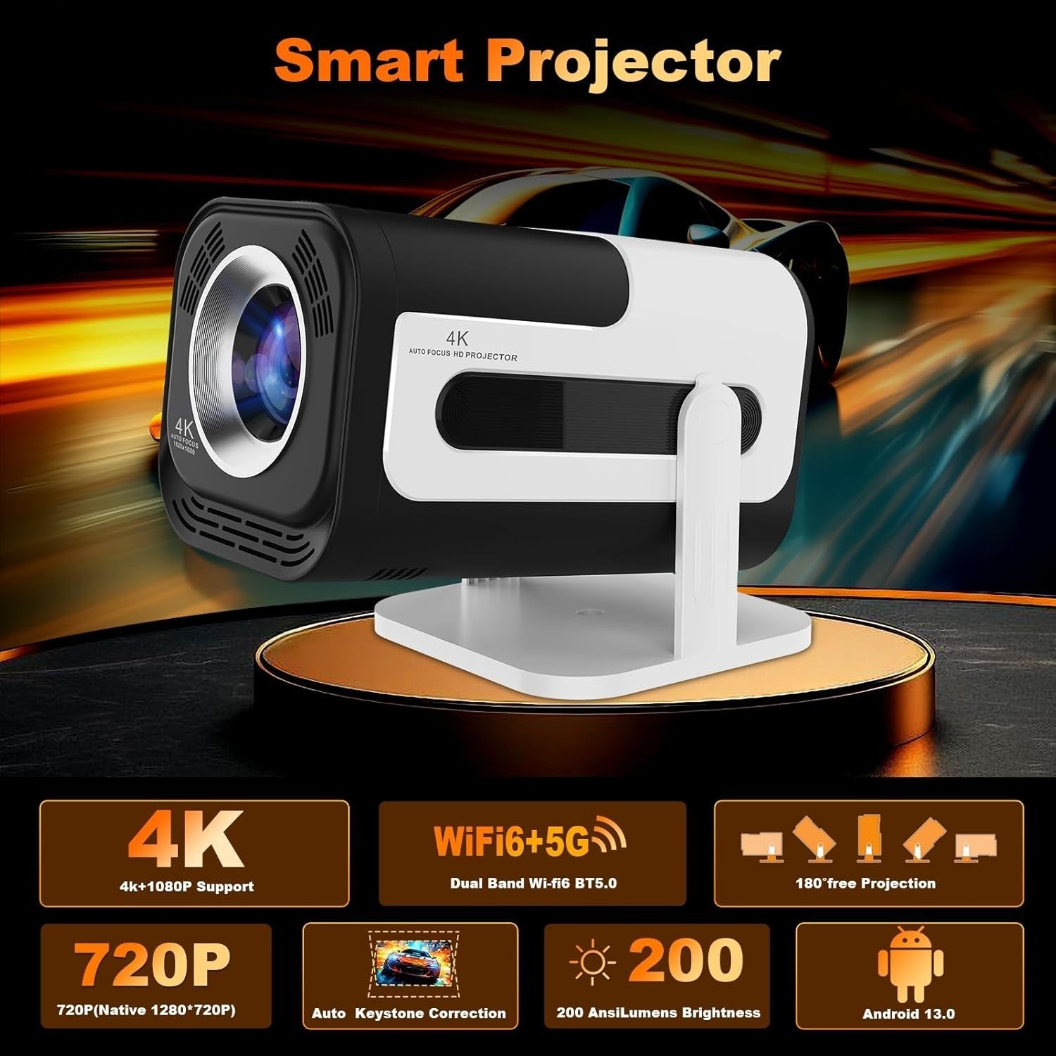 Mini Smart Projector 4K 1080P WiFi 6 Bluetooth 180° Auto Keystone