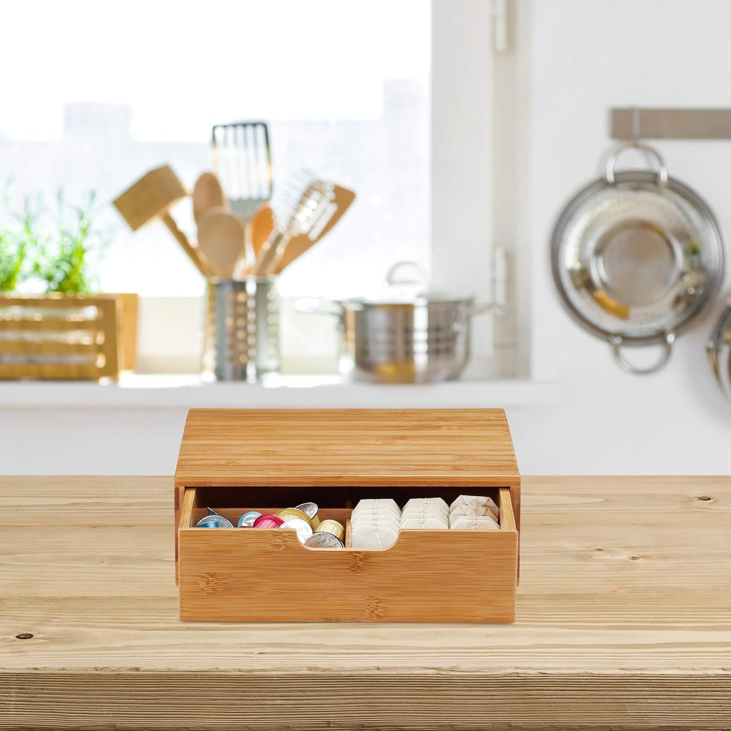 Bamboo Desk Drawer Organizer Box – 2 Tier Storage, Natural Look, Non-Slip
