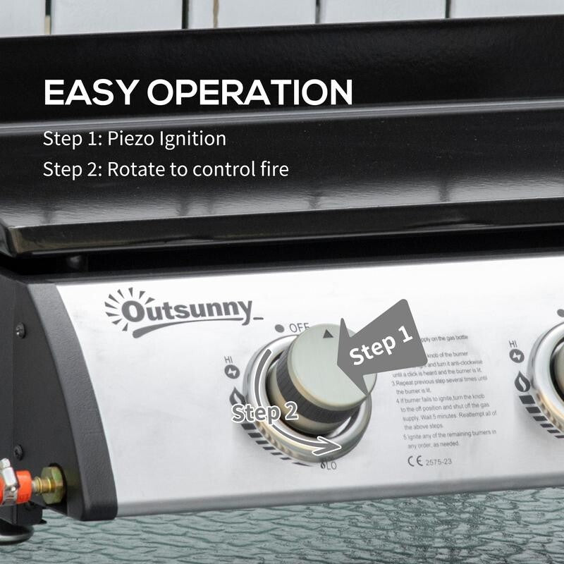 3 Burner Gas Plancha Grill Tabletop BBQ with Regulator, Hose & Non-Stick Top