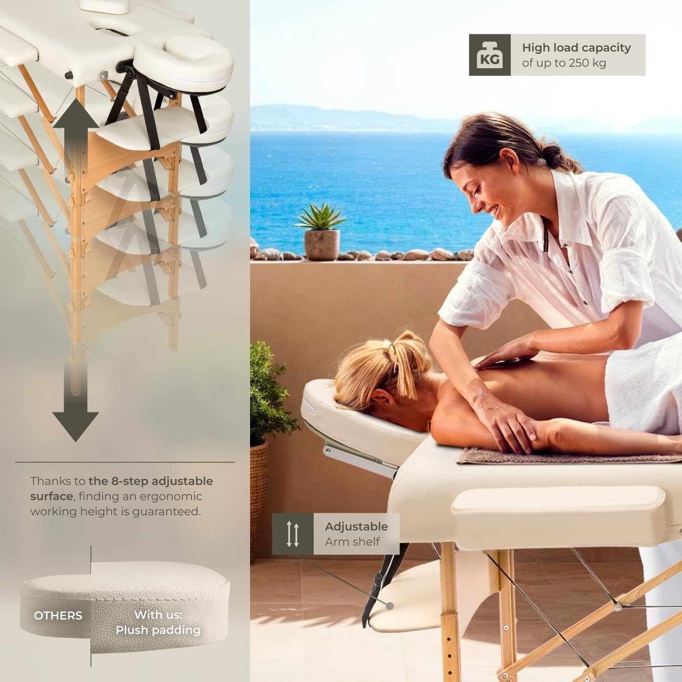 Portable Massage Table Set Foldable Wooden Beauty Therapy Bed Adjustable Beige