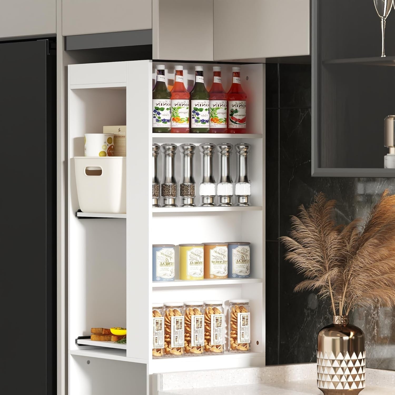 Tall Kitchen Cupboard White Sliding Drawer Pantry Storage Cabinet