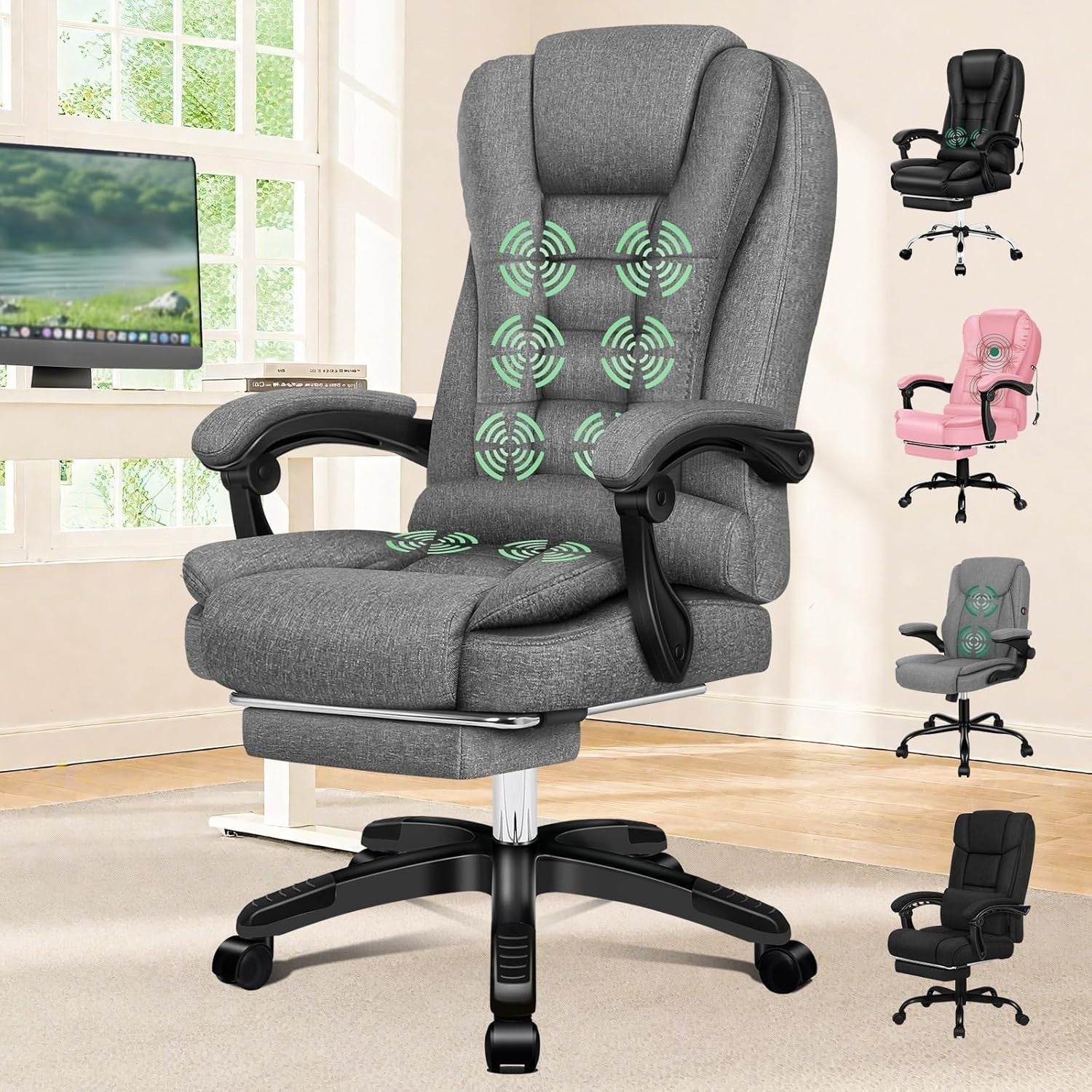 Office Gaming Chair Heated Massage Linen Fabric Reclining Swivel Desk Seat Grey