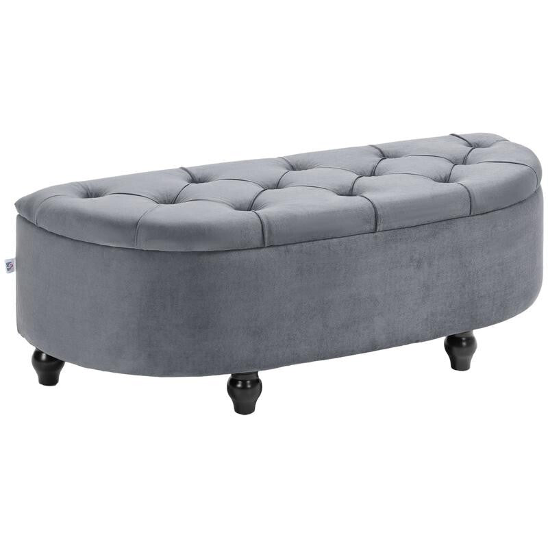 Velvet Storage Ottoman Bench Semi-Circle Bed End Stool Seat Grey Wood Legs