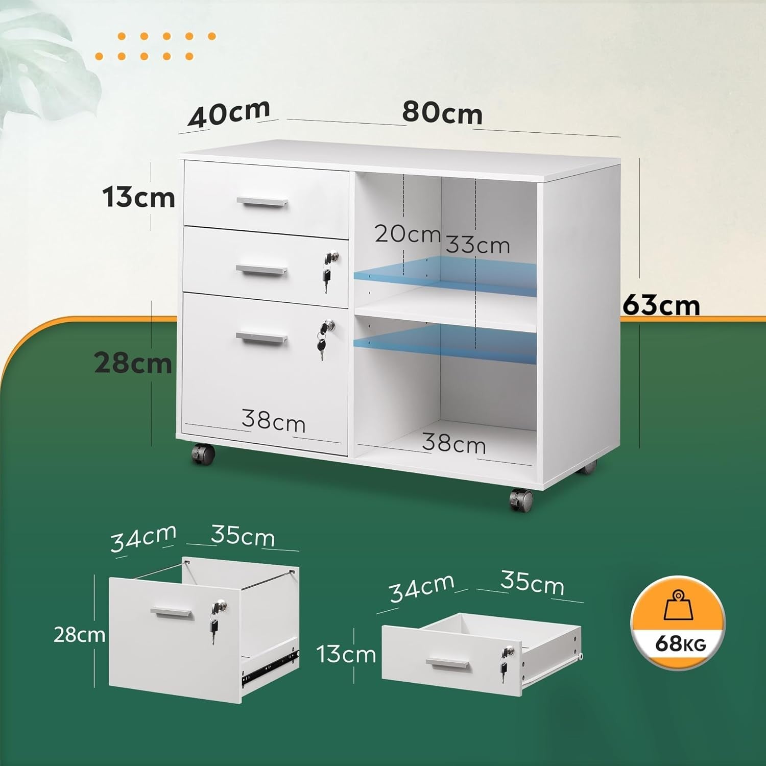 White Mobile File Cabinet 80x40x63cm Lockable Drawers Printer Shelf