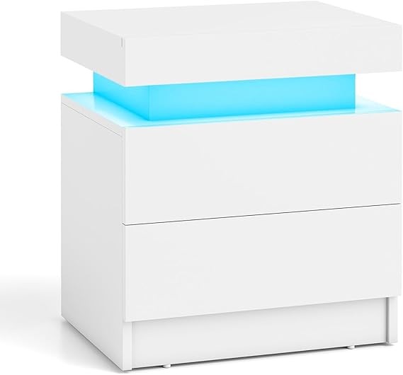 High Gloss LED Bedside Table with 2 Drawers – RGB Lights & Remote Control