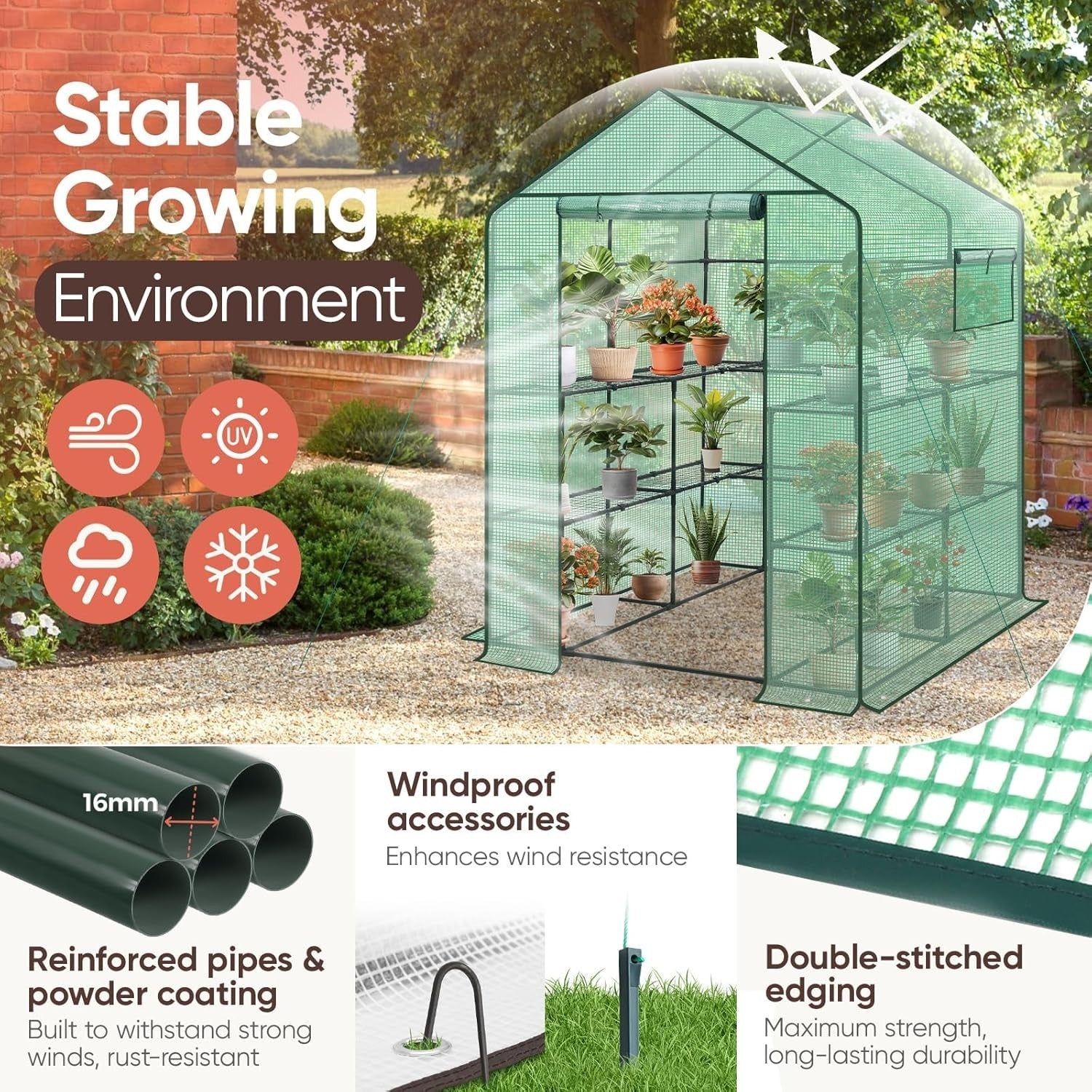 Walk-In Greenhouse with Shelves | Heavy-Duty Metal Frame | Waterproof PE Cover