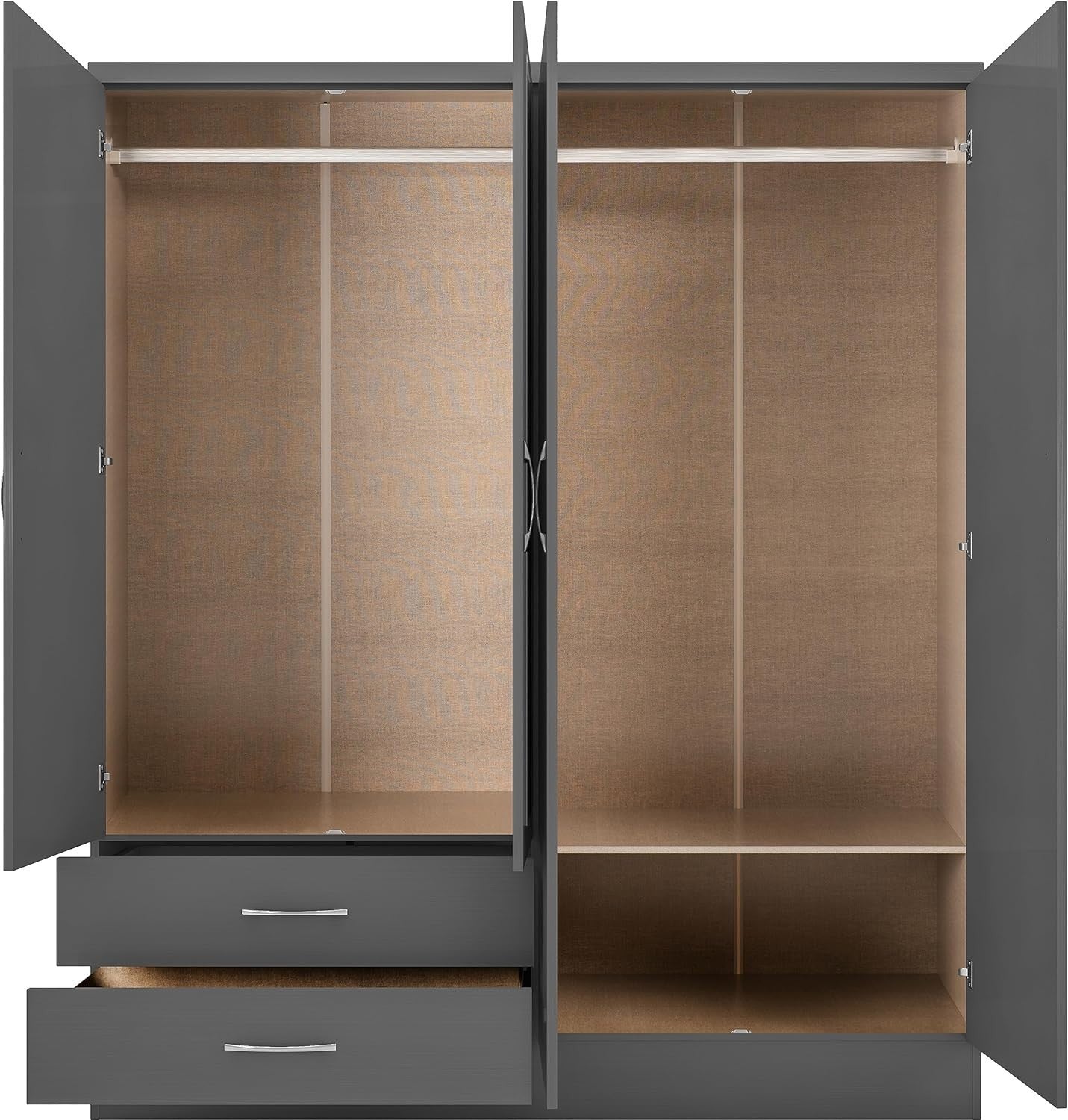 Modern 4 Door 2 Drawer Grey Wardrobe with Mirror & Spacious Storage