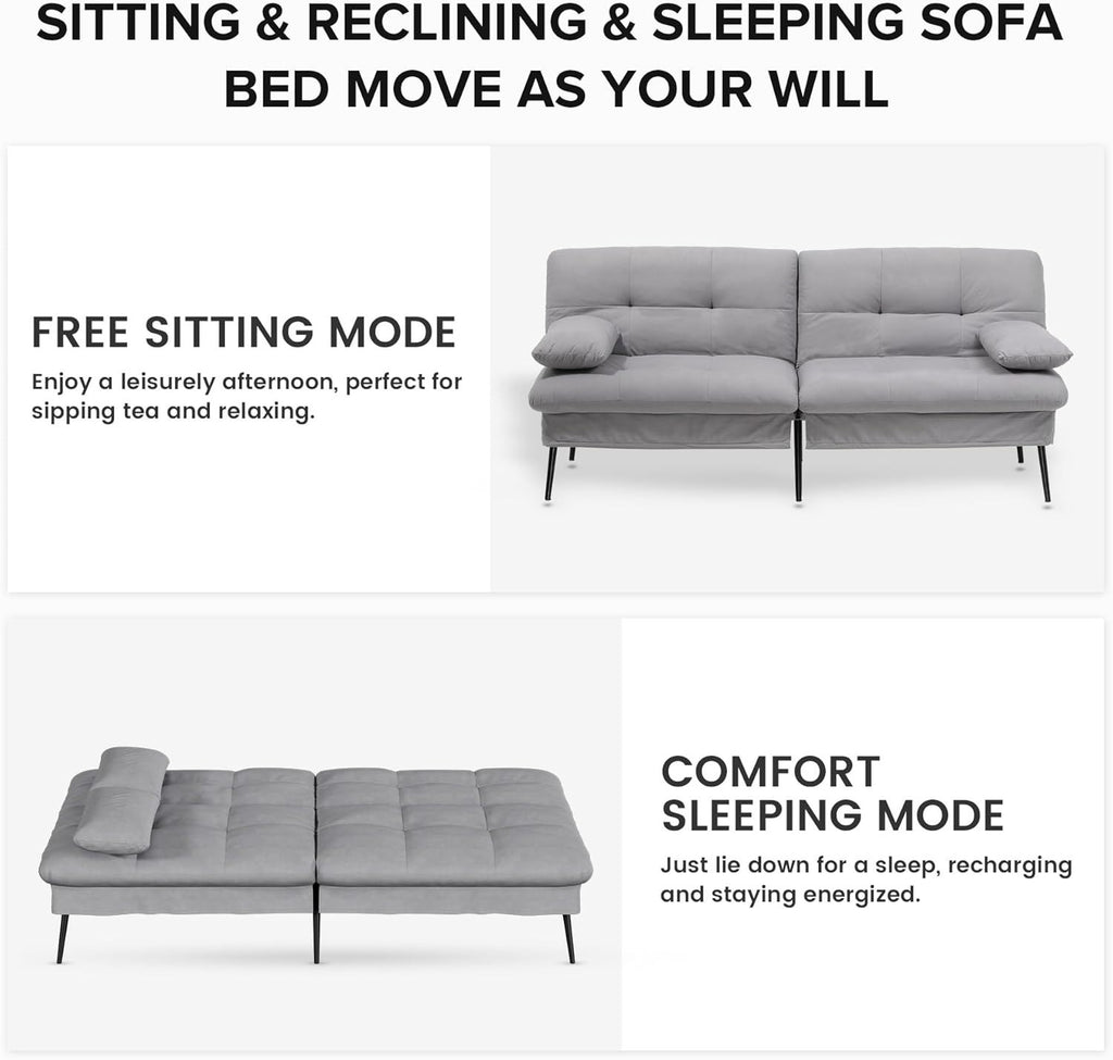 3 Seater Grey Sofa Bed Fabric Futon Couch Adjustable Back Guest Room