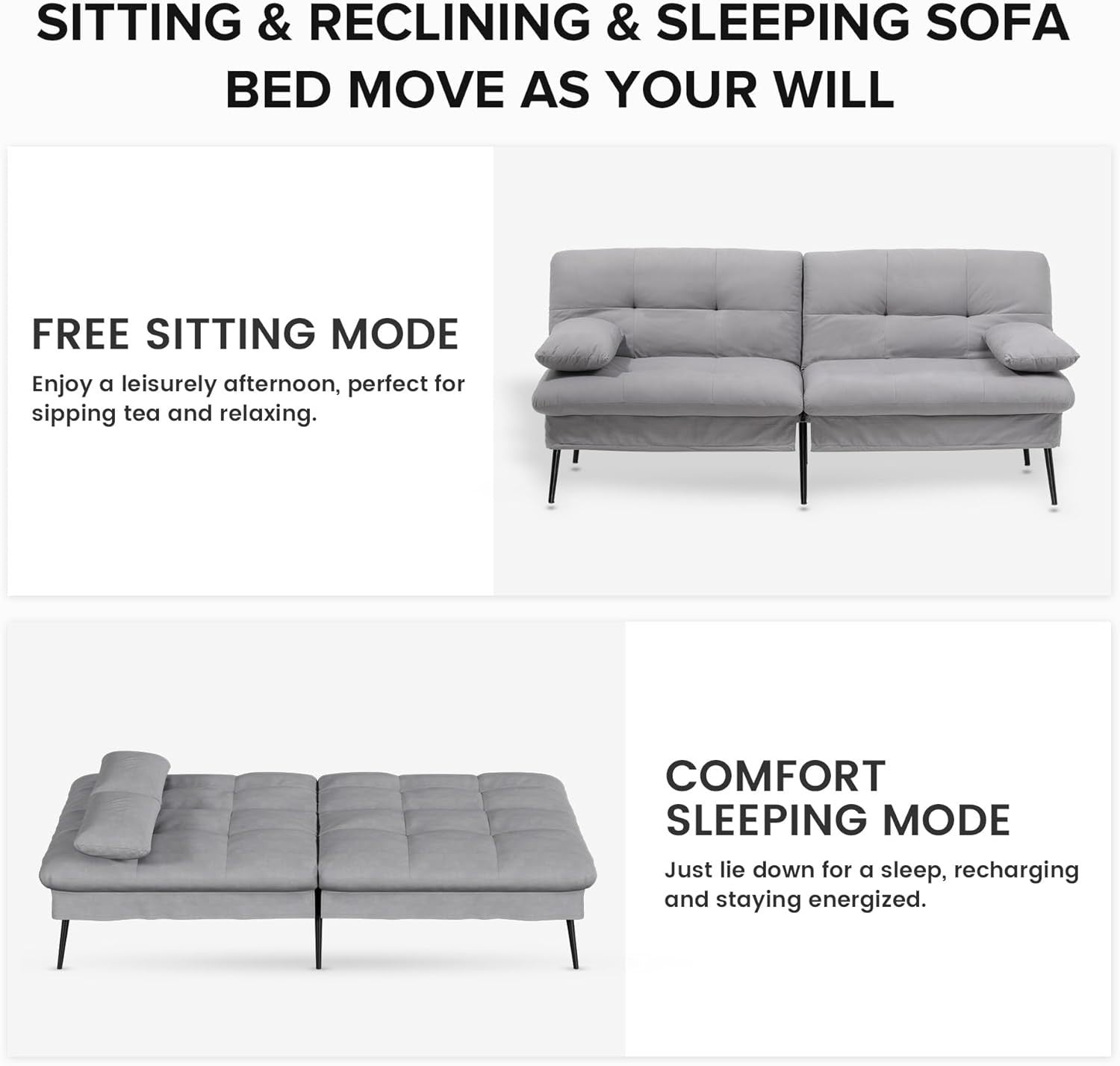 3 Seater Grey Sofa Bed Fabric Futon Couch Adjustable Back Guest Room