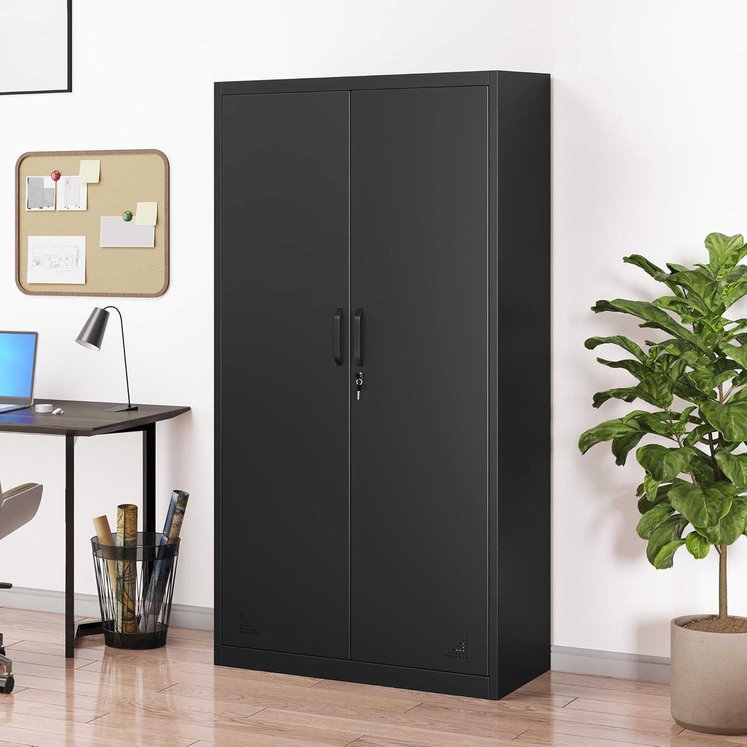 Tall Metal Storage Cabinet Lockable Filing Cabinet 4 Adjustable Shelves Black