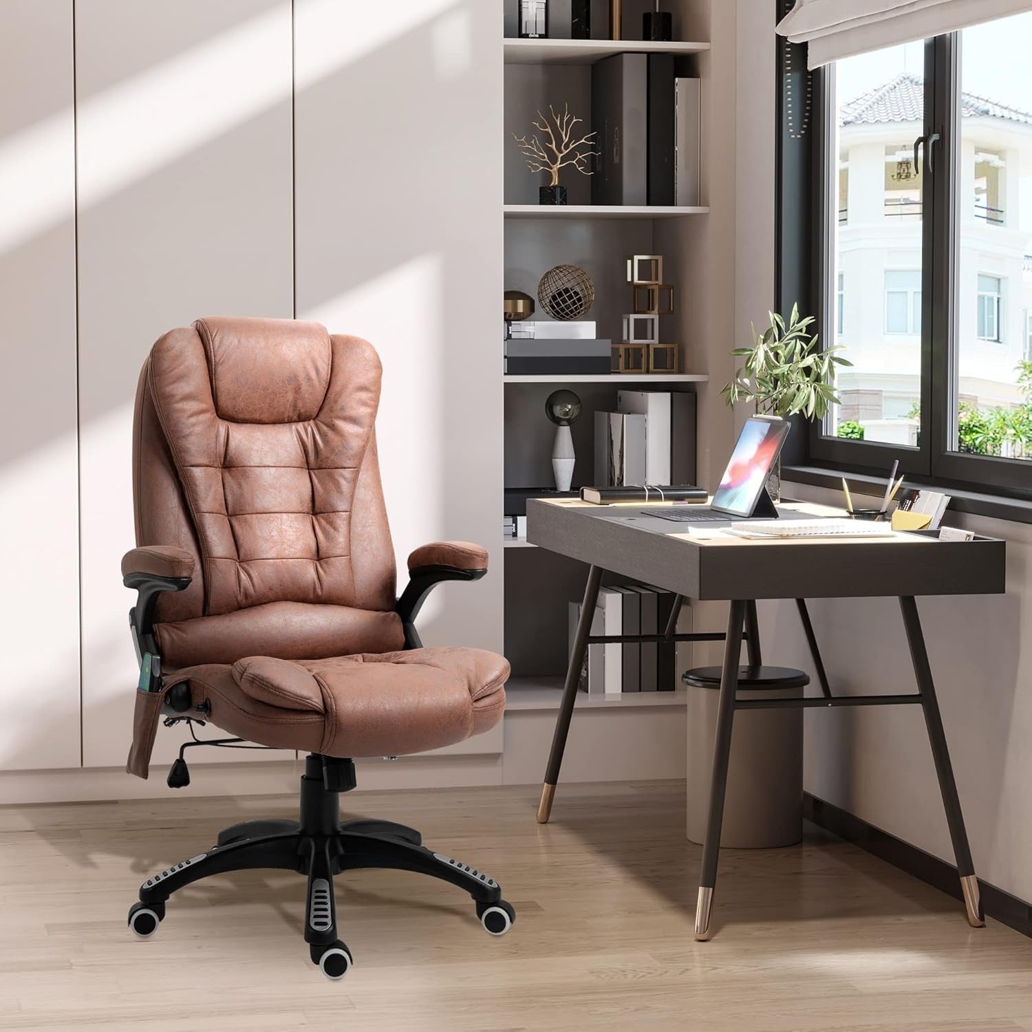 Heated Massage Office Chair 6 Point High Back Microfiber Brown