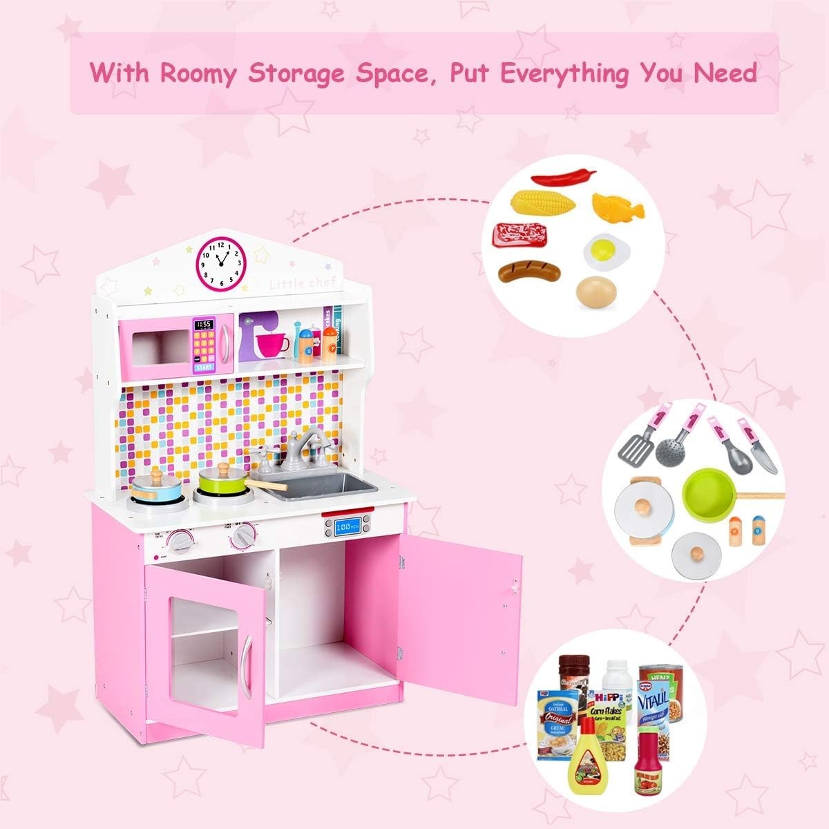 Kids Wooden Play Kitchen Pink w/ Microwave Stove Sink Toy Set