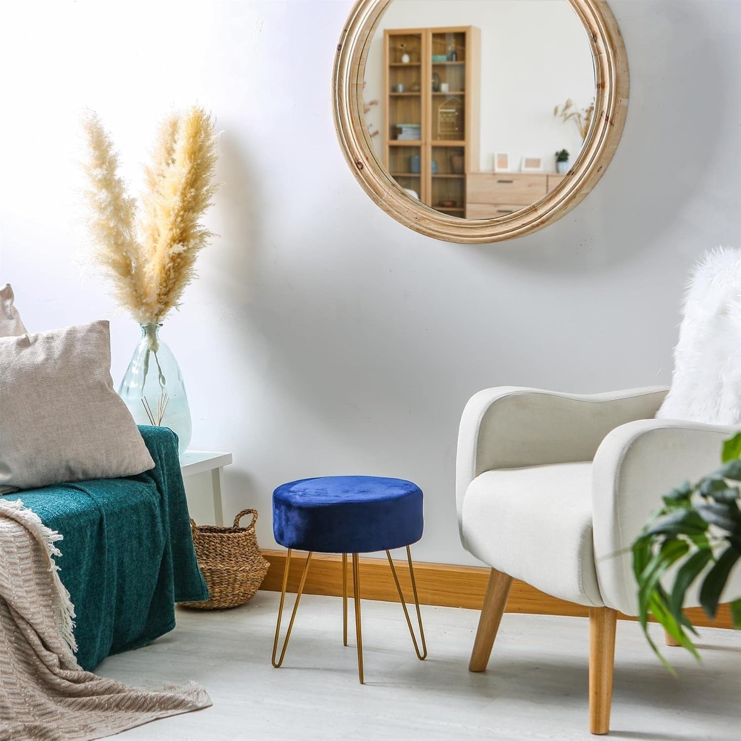 Blue Velvet Round Footstool with Gold Metal Legs – Modern Compact Pouffe