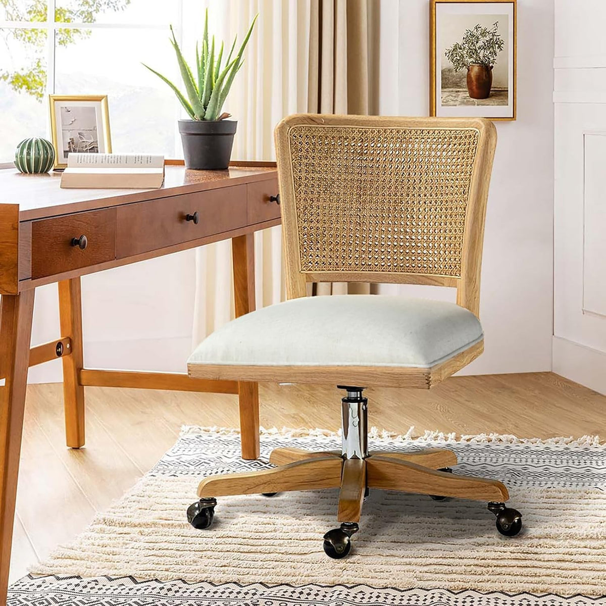 Linen Swivel Office Chair Adjustable Height Upholstered Rattan Desk Seat