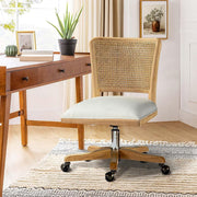 Linen Swivel Office Chair Adjustable Height Upholstered Rattan Desk Seat