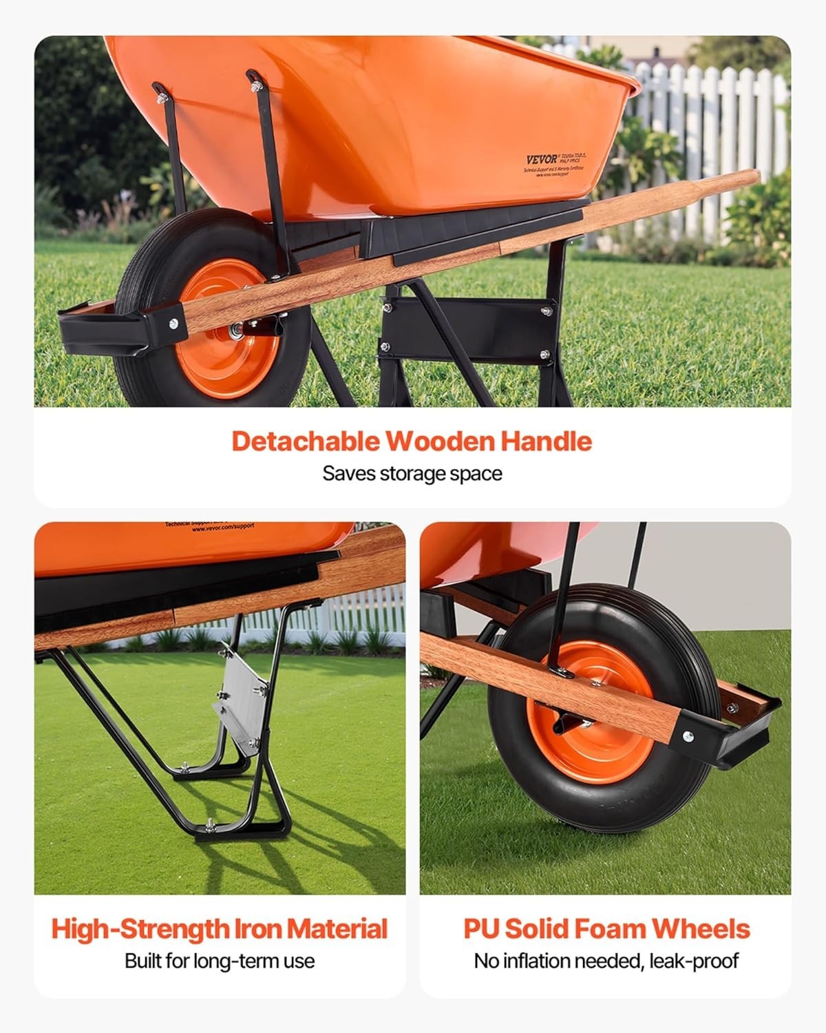 6 Cu Ft Orange Wheelbarrow – Metal Frame PU Tyre Heavy Duty for 150kg Loads