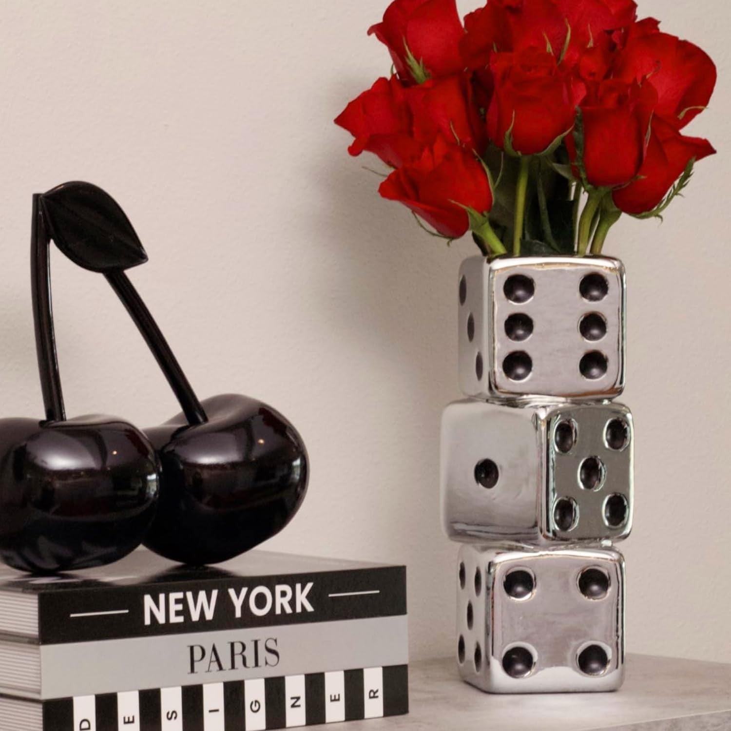 Dice Vase Ceramic Triple Stack Silver Black Dot Modern Table Flower Decor