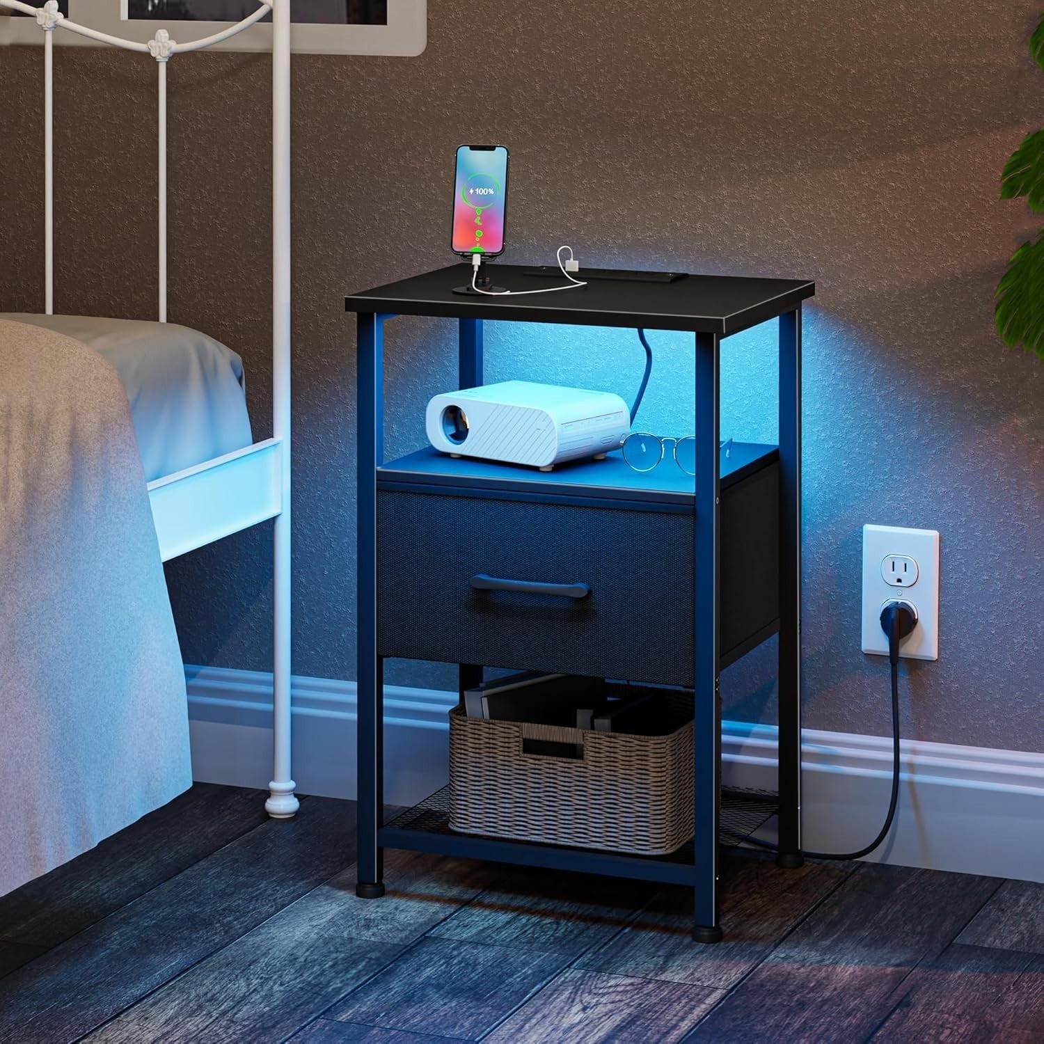 Modern Black LED Bedside Table with Drawer, USB Charging Ports & Shelf