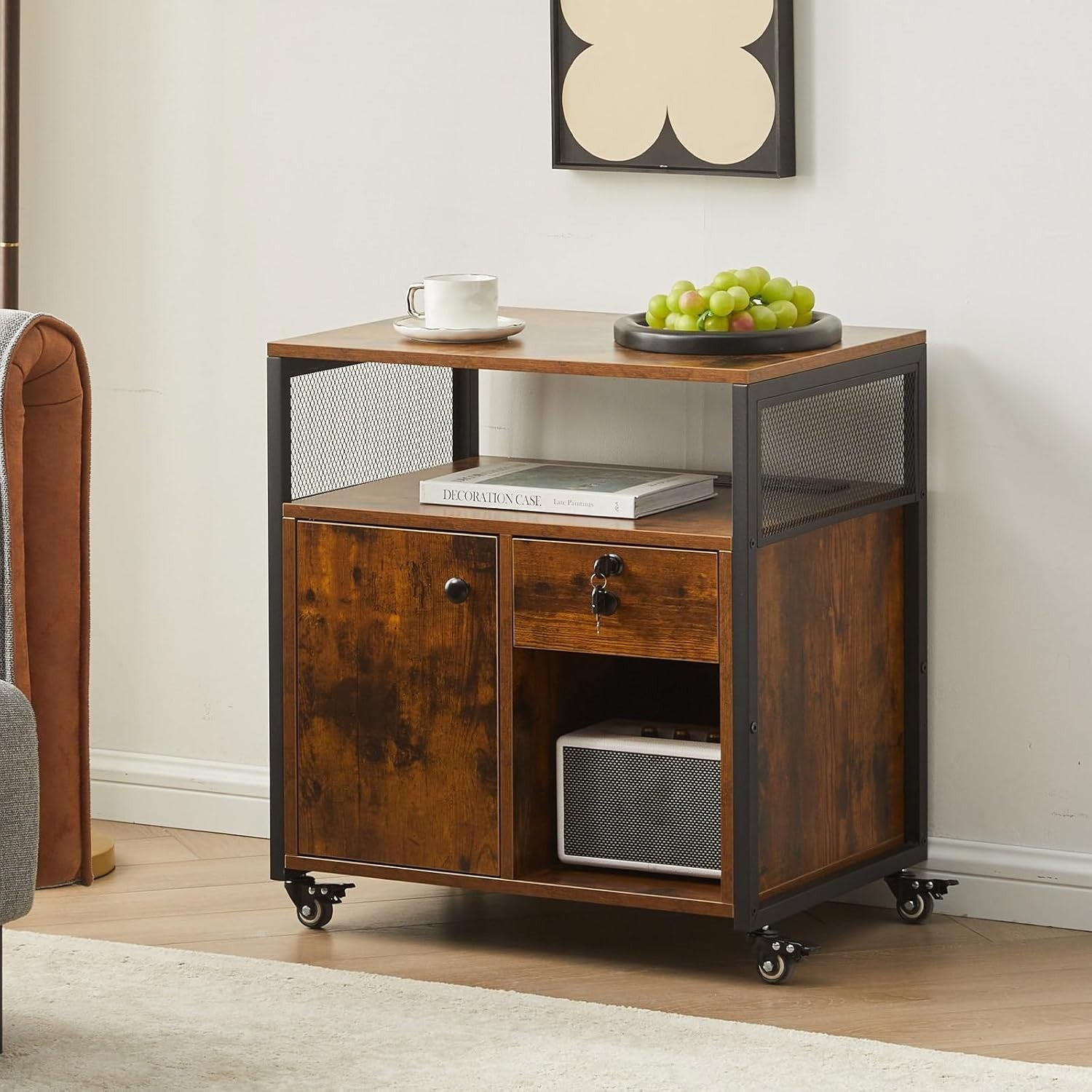 Industrial Mobile File Cabinet w/ Charging Station Lockable Drawer