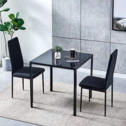 Black 3-Piece Glass Dining Set with 2 Velvet Chairs for Small Kitchen