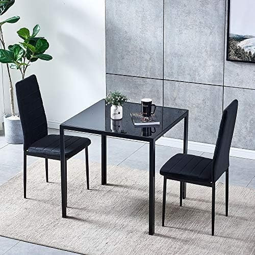 Black 3-Piece Glass Dining Set with 2 Velvet Chairs for Small Kitchen