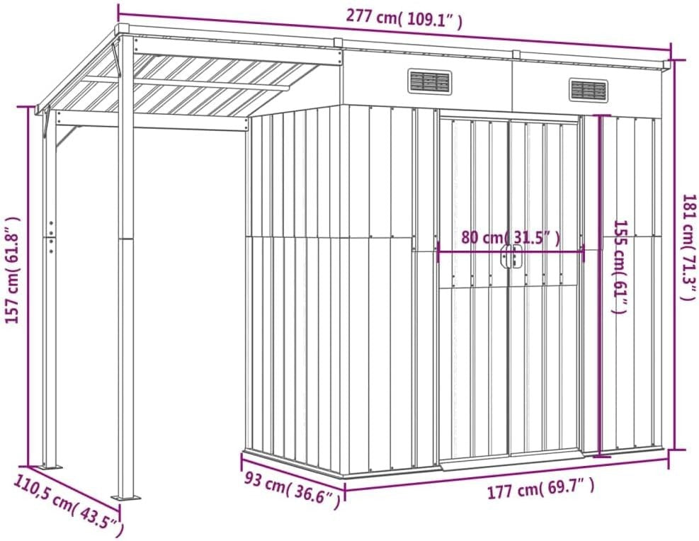 Metal Garden Shed Outdoor Tool Firewood Bike Storage 277x111x181cm