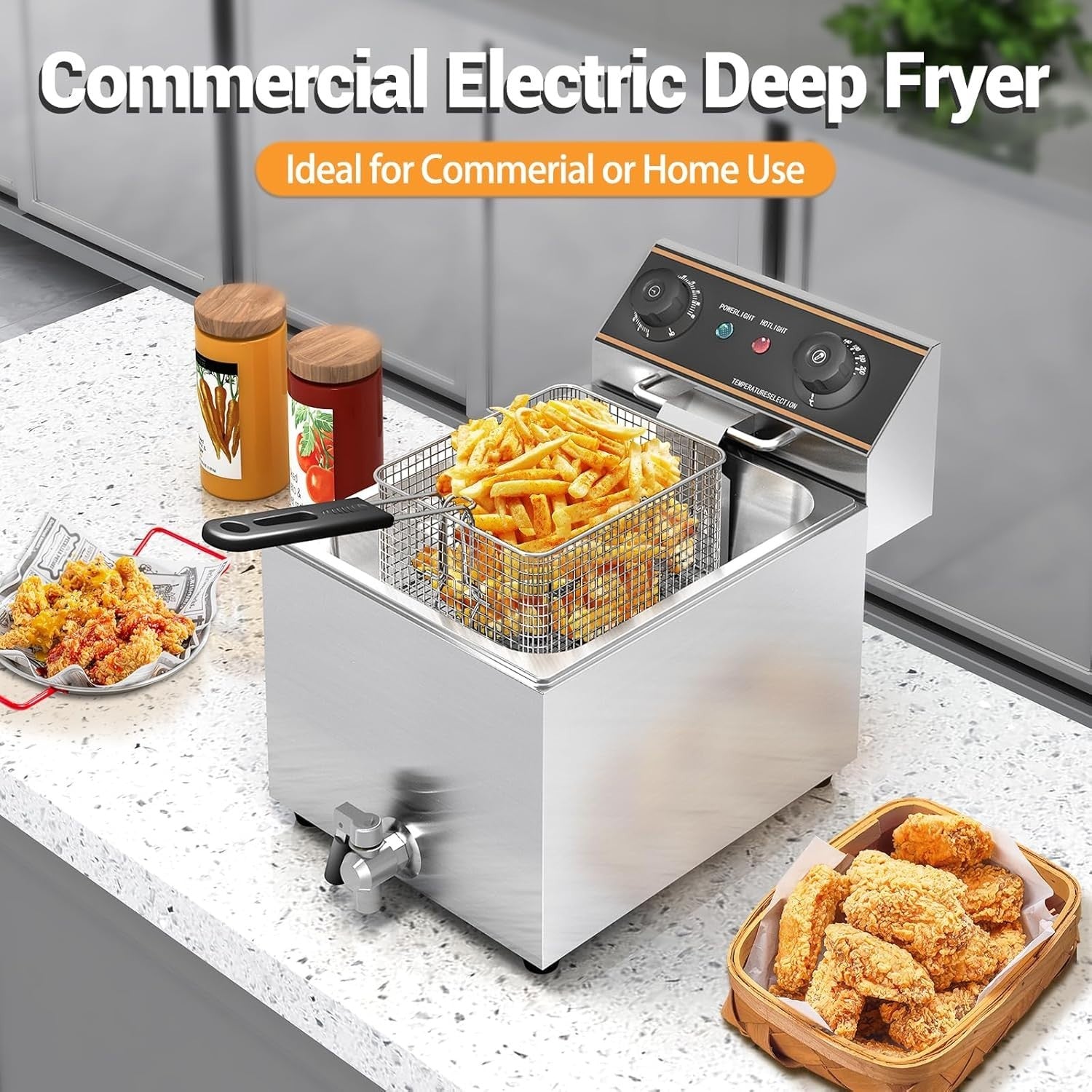 Commercial Electric Deep Fryer 6L 2500W Stainless Steel Drain Tap Countertop