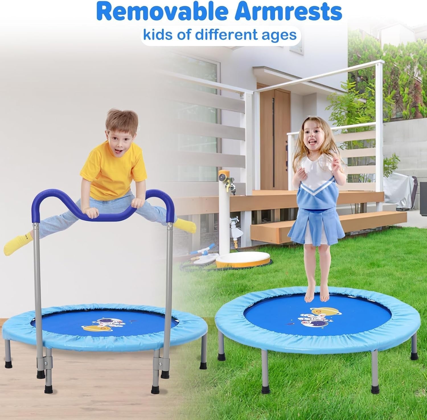36in Kids Trampoline Adjustable Handle Foldable Indoor Outdoor Blue