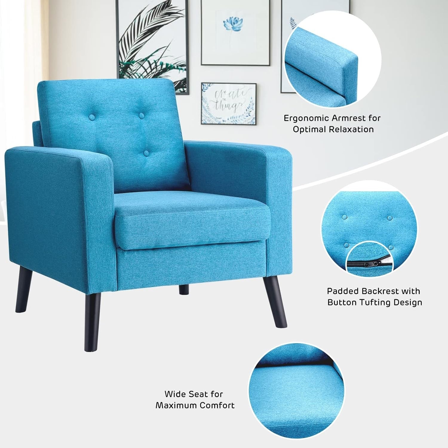 Blue Accent Armchair Button Tufted Linen Lounge Chair