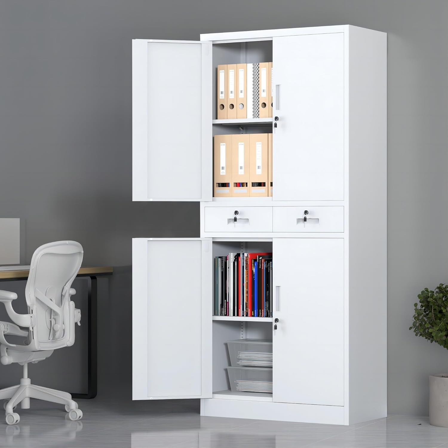 White Metal Storage Cupboard with Locks Drawers Adjustable Shelves 180cm