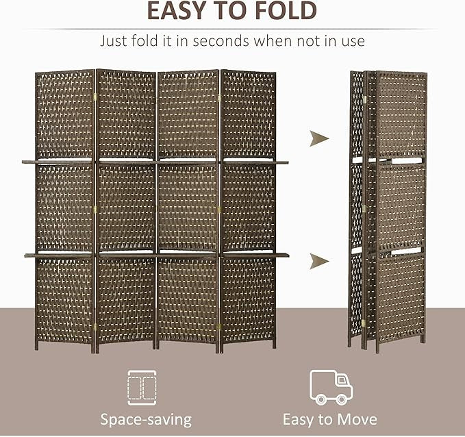 4 Panel Room Divider with Shelves 180cm Brown Folding Privacy Screen Partition
